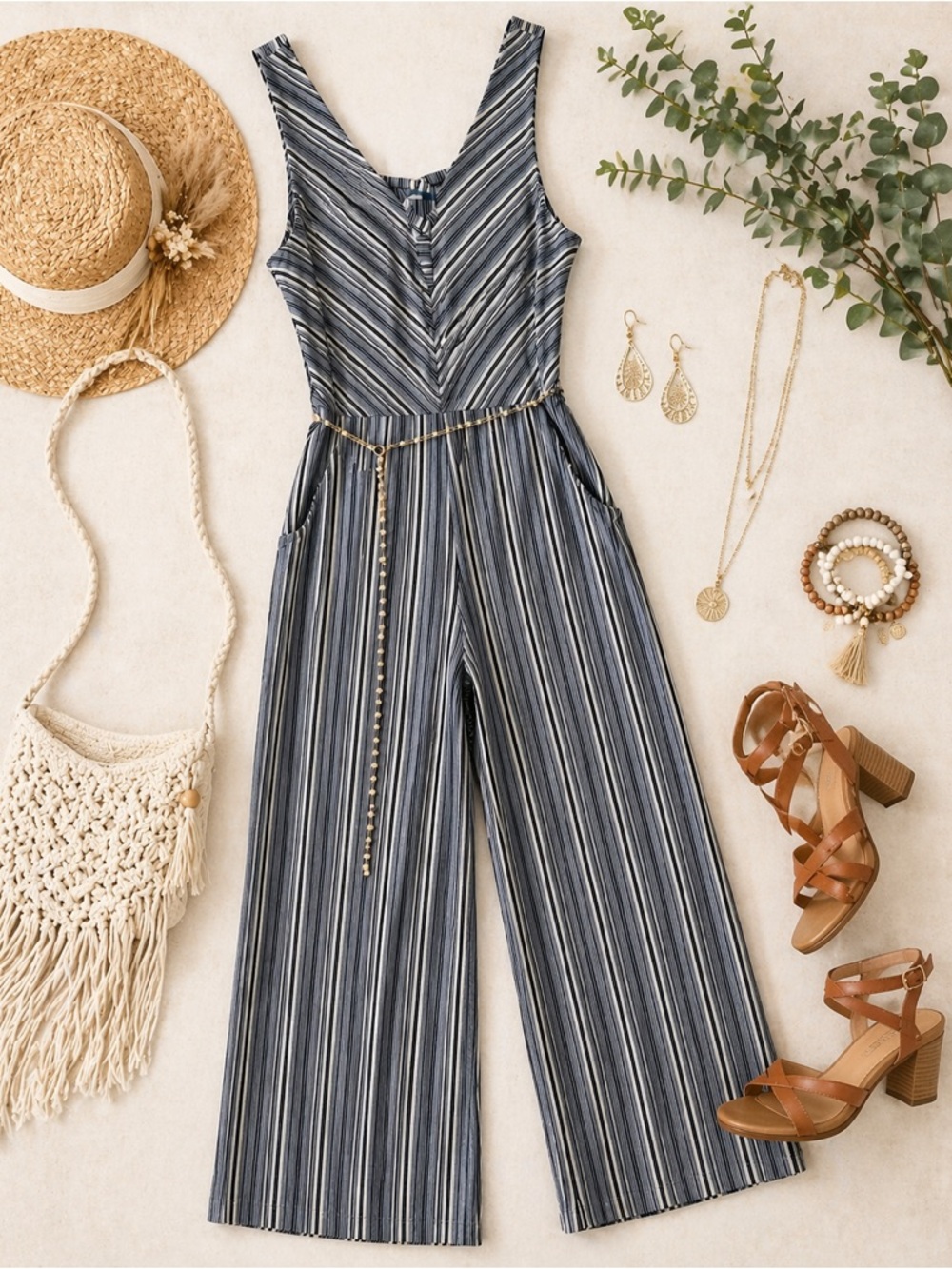 NWT Eyeshadow Black White Stripe Midi Belted Jumpsuit Side Pockets Small